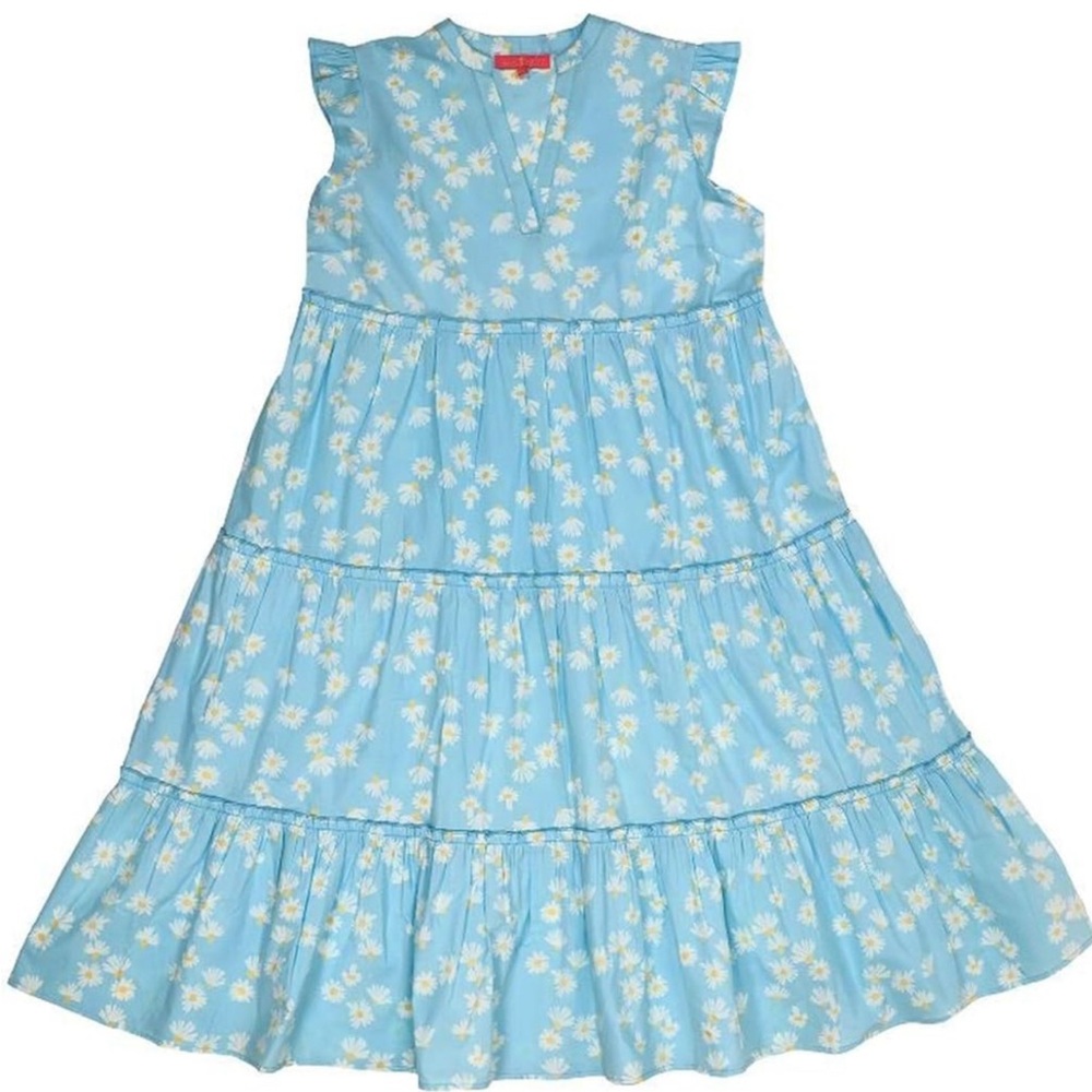 XXL Simply Southern Ruffle Tiered Maxi Blue Daisy Cap Sleeve Sundress Vneck
